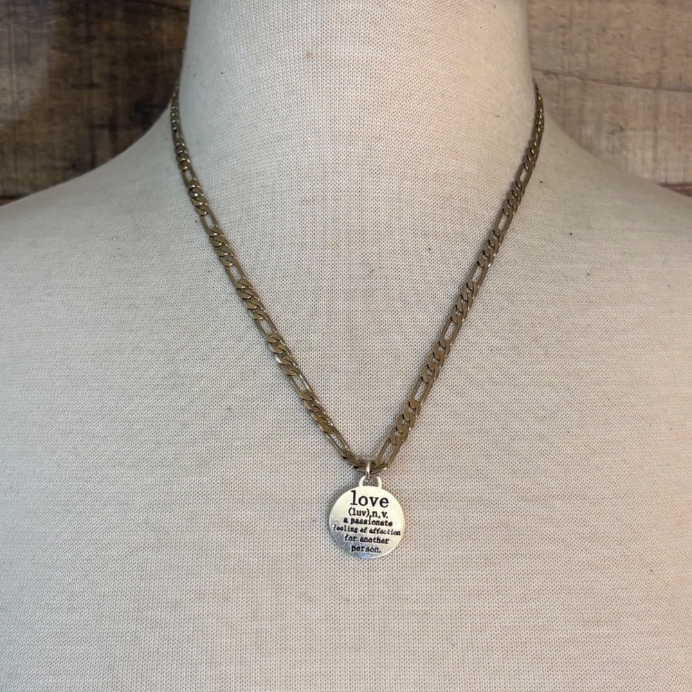 Silver Tone Figaro Chain Love Dictionary Definition Pendant Necklace